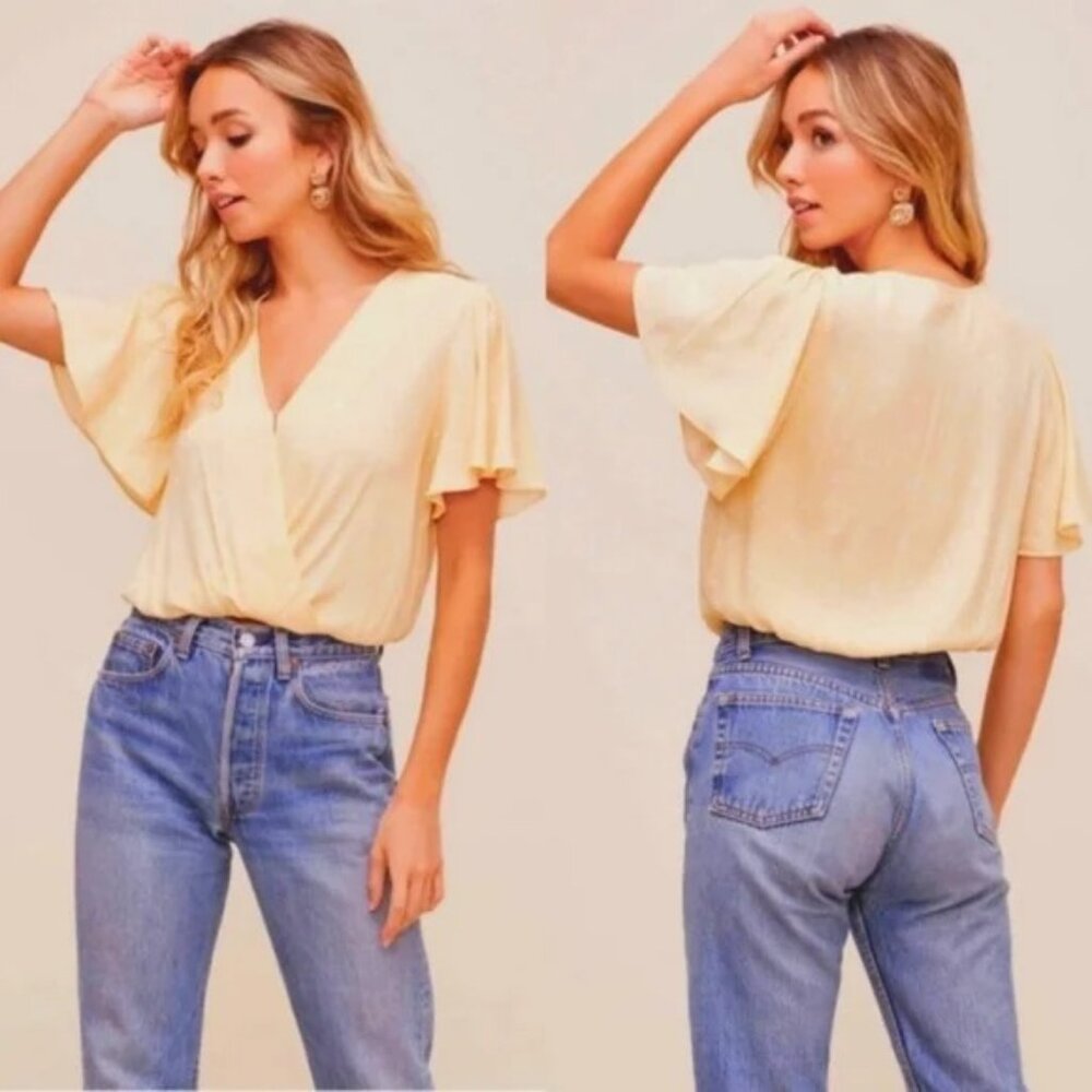 ASTR The Label Flutter Sleeve Yellow Surplice Top